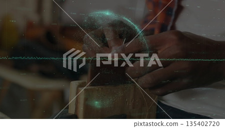 Stitching leather on workshop bench vise, craftsman guiding waxed thread and needle, data overlay Stitching leather on workshop bench vise, craftsman guiding waxed thread and needle, data overlay 135402720