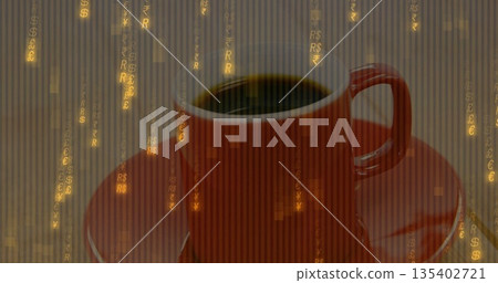 Sitting red ceramic cup and saucer holding coffee on tabletop, with cascading golden currency icons 135402721