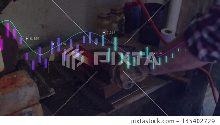 Metalworker wearing checkered shirt and glove heating hot bar in workshop vise, with data overlay 135402729
