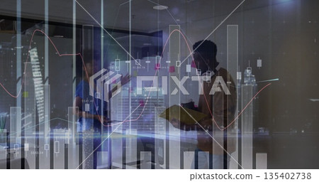 Gesturing professionals discussing bar graphs on glass walls in office with yellow folder, skyline Gesturing professionals discussing bar graphs on glass walls in office with yellow folder, skyline 135402738