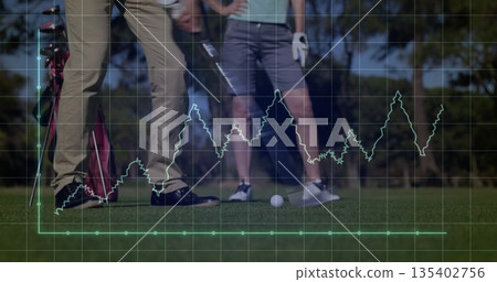 Standing woman and man holding club over ball and tee on golf green, with graph overlay Standing woman and man holding club over ball and tee on golf green, with graph overlay 135402756
