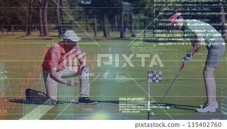 Kneeling and standing golfers in polos inspecting slope, aligning putt on green, with flag and data Kneeling and standing golfers in polos inspecting slope, aligning putt on green, with flag and data 135402760
