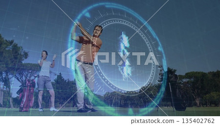 Swinging mature adult man taking golf shot on fairway, with golf bag, golf ball, HUD graphics 135402762