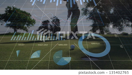 Standing man wearing polo positioning putter behind ball at cup on putting green, with data overlay 135402765
