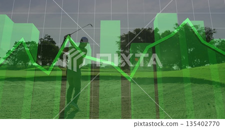 Golfer wearing polo shirt swinging club on golf course fairway, with green 3D charts overlay Golfer wearing polo shirt swinging club on golf course fairway, with green 3D charts overlay 135402770