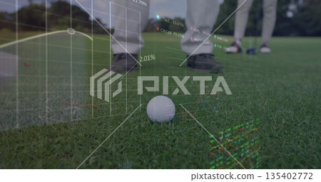 Resting white dimpled golf ball on putting green, with golfers analyzing augmented data overlays Resting white dimpled golf ball on putting green, with golfers analyzing augmented data overlays 135402772