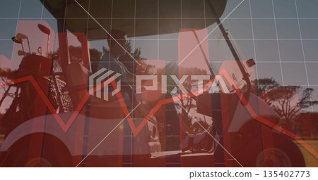 Sitting golfer wearing polo in golf cart on fairway, with golf bag, grid, red line overlay 135402773