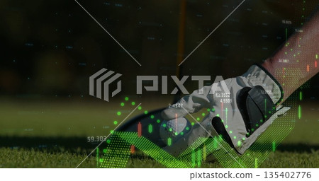 Placing golf ball with gloved hand on tee at golf course fairway, with candlestick chart overlay Placing golf ball with gloved hand on tee at golf course fairway, with candlestick chart overlay 135402776