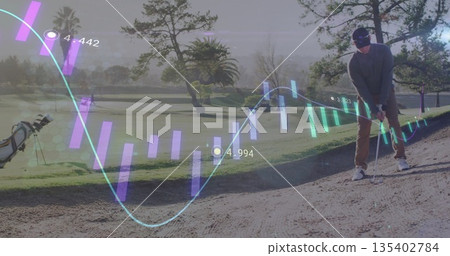 Preparing golfer making sand wedge shot at white golf ball in bunker, analytics, copy space Preparing golfer making sand wedge shot at white golf ball in bunker, analytics, copy space 135402784