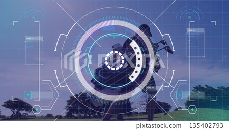 Golfer swinging club at golf ball on tee box, with coach watching, augmented reality HUD overlays Golfer swinging club at golf ball on tee box, with coach watching, augmented reality HUD overlays 135402793