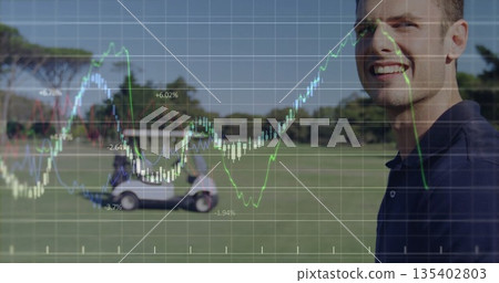 Standing man wearing polo shirt scanning golf fairway, with golf cart and graph overlay, copy space Standing man wearing polo shirt scanning golf fairway, with golf cart and graph overlay, copy space 135402803