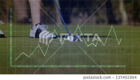 Showing golfer's legs and putter head aligning behind golf ball on putting green, with data overlay Showing golfer's legs and putter head aligning behind golf ball on putting green, with data overlay 135402804