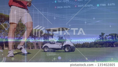 Standing golfer wearing red polo white shorts on golf fairway, with golf ball, digital overlay 135402805