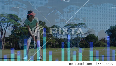 Standing female golfer preparing shot on fairway, wearing polo shirt with club ball data overlays Standing female golfer preparing shot on fairway, wearing polo shirt with club ball data overlays 135402809