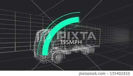 Showing 3D wireframe semi-truck and trailer racing inside grid tunnel, with green 195MPH gauge 135402810