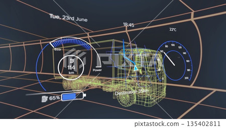 Displaying 3D wireframe truck model navigating grid-line tunnel, with Eco gauge and battery icon 135402811