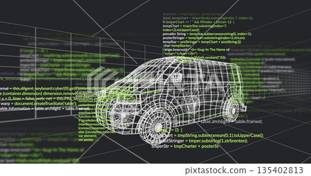 Displaying rotating 3D wireframe van in modeling space, with grid lines and code overlays 135402813
