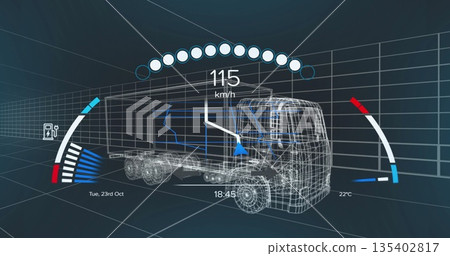 Displaying wireframe semi-trailer truck model rotating in blue virtual chamber, with UI elements 135402817