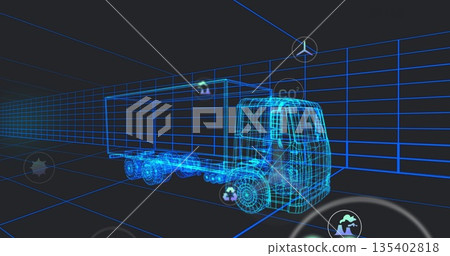 Displaying wireframe semi-truck model with cargo trailer and multi-axis wheels in virtual grid Displaying wireframe semi-truck model with cargo trailer and multi-axis wheels in virtual grid 135402818