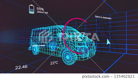 Displaying wireframe van model speeding through digital grid, with gauge battery navigation arrow Displaying wireframe van model speeding through digital grid, with gauge battery navigation arrow 135402821