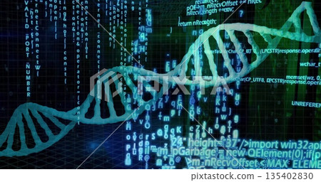 Displaying green-blue DNA helix twisting above dark 3D grid plane, with programming code streams 135402830