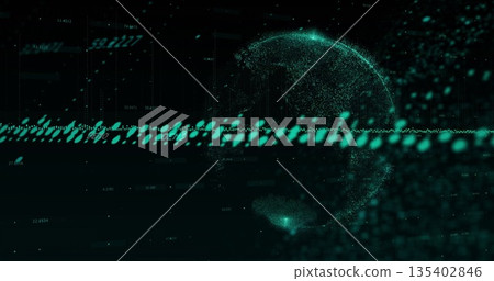 Streaming horizontal data stream merging into dotted globe on dark interface, numeric overlays Streaming horizontal data stream merging into dotted globe on dark interface, numeric overlays 135402846