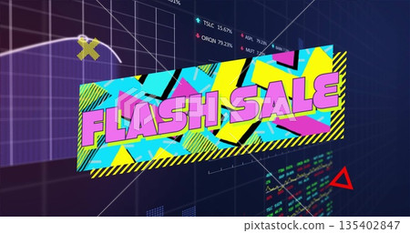 Floating FLASH SALE banner glowing over trading screen, with shapes, charts, tickers and arrows 135402847