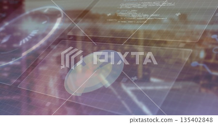 Displaying circular gauge icon and code panels on holographic interface with grid overlay Displaying circular gauge icon and code panels on holographic interface with grid overlay 135402848