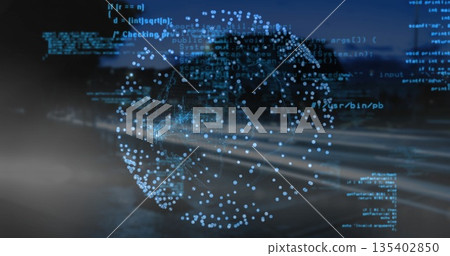 Glowing holographic globe floating in virtual interface, with code fragments and motion trails 135402850