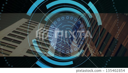 Projecting fingerprint interface displaying concentric rings and binary code amid highrise facades 135402854
