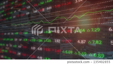 Displaying transparent ticker showing fluctuating stock data with arrows on dotted grid in office 135402855