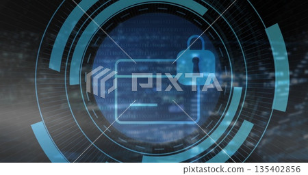 Rotating locked credit card icon in digital tunnel, with padlock symbol and binary code Rotating locked credit card icon in digital tunnel, with padlock symbol and binary code 135402856