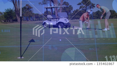 Aligning adult golfers lining up putt on golf green, with golf ball, digital overlay, copy space Aligning adult golfers lining up putt on golf green, with golf ball, digital overlay, copy space 135402867