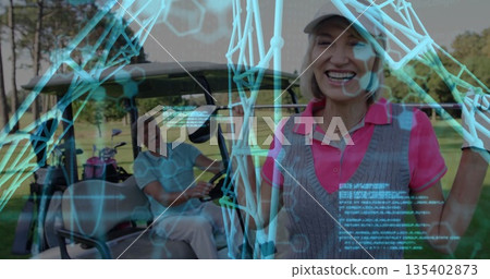 Smiling golfer standing on fairway with cart, bag, clubs, cap, digital overlay, copy space Smiling golfer standing on fairway with cart, bag, clubs, cap, digital overlay, copy space 135402873