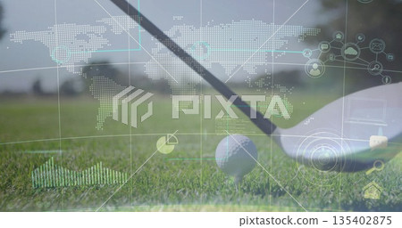 Displaying golf club head aligning behind golf ball on tee at golf course, with data overlay Displaying golf club head aligning behind golf ball on tee at golf course, with data overlay 135402875