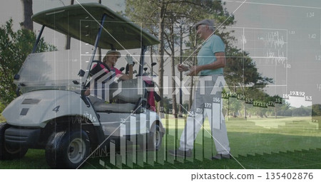 Senior man passing golf ball to woman in golf cart on fairway with bar chart overlays Senior man passing golf ball to woman in golf cart on fairway with bar chart overlays 135402876