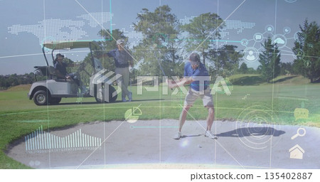 Swinging golfer in blue polo and cap over sand bunker at golf course, with HUD overlay 135402887