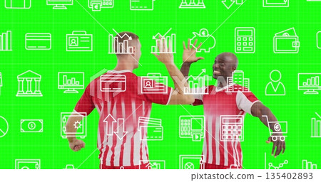High-fiving soccer players wearing striped jerseys in green backdrop, with financial icons High-fiving soccer players wearing striped jerseys in green backdrop, with financial icons 135402893
