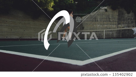 Tennis player in sportswear hitting ball with racket on outdoor court at net, alpha beta overlays 135402902