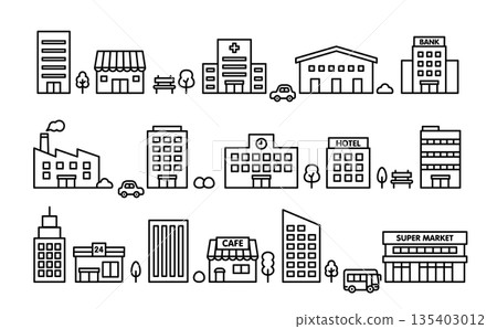 Cute building monotone icon set | Buildings, stores, facilities Line drawing vector material 135403012