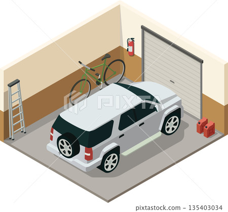 Home garage with family car and bike Home garage with family car and bike 135403034