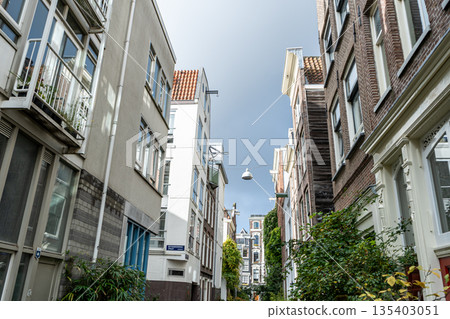 Narrow Street with Traditional Buildings in Amsterdam Narrow Street with Traditional Buildings in Amsterdam 135403051