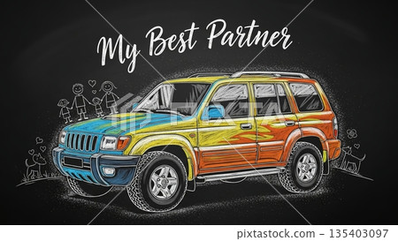 用粉筆畫的一家人心愛的汽車和冒險夢想 135403097