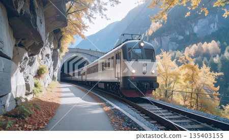Modern Train Emerging from Mountain Tunnel in Scenic Autumn Forest Landscape Modern Train Emerging from Mountain Tunnel in Scenic Autumn Forest Landscape 135403155
