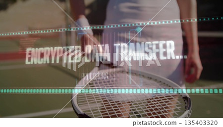 Tennis player wearing white holding racket on tennis court, showing ENCRYPTED DATA TRANSFER overlay 135403320