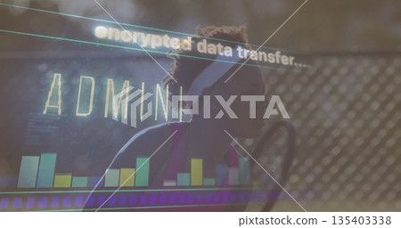 Female athlete wearing pink top serving ball on chain-link tennis court, data overlay, copy space Female athlete wearing pink top serving ball on chain-link tennis court, data overlay, copy space 135403338