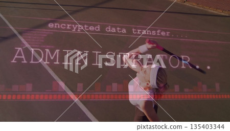 Serving female tennis player in sportswear lifting racket on tennis court with encrypted overlay 135403344