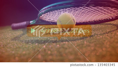 Showing tennis racket head holding yellow ball on grass court, with subscriber count overlay Showing tennis racket head holding yellow ball on grass court, with subscriber count overlay 135403345