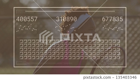 Swinging tennis player holding racquet on court with chain-link fence, sweatband, digital overlay Swinging tennis player holding racquet on court with chain-link fence, sweatband, digital overlay 135403346