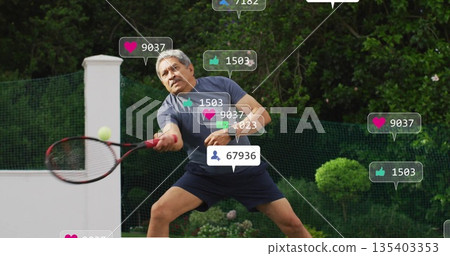 Swinging tennis player wearing sportswear on tennis court, with racket, ball and social overlays 135403353